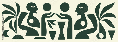 Bild auf Leinwand Abstract modern figurative illustration collection featuring minimalist human figures, tropical plants, geometric shapes, and boho aesthetics