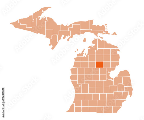 Foto Michigan Map with Roscommon County Highlighted in Green Color Vector Illustratio