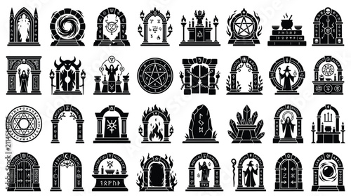 Photography Set of 28 black fantasy icon silhouettes featuring magic portals, occult altars, runic arches, pentagrams, wizards, and ritual symbols for game UI design and creative assets