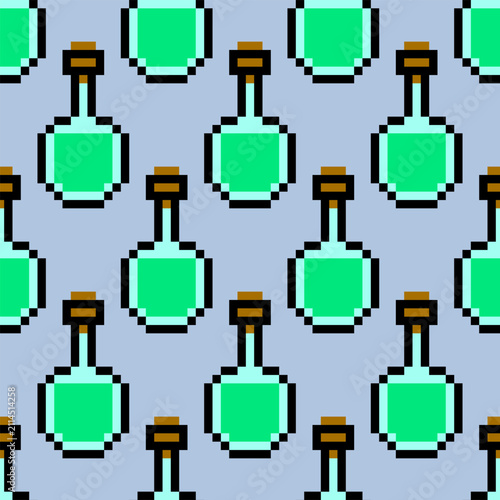 Seamless pattern with pixel art potion bottles on blue background