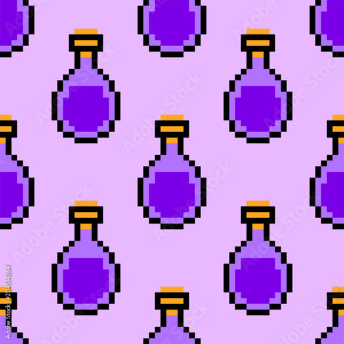 Seamless pattern with pixel art potion bottles