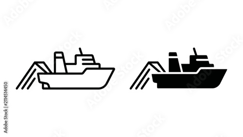 Fotografie Trawler Fishing Vessel Icons: Two stylized icons depict a fishing trawler, one in outline and one in solid black, symbolizing maritime industry and aquatic resource harvesting