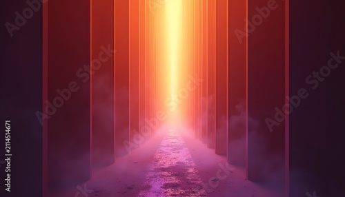Long corridor with glowing light and purple misty path abstract background.