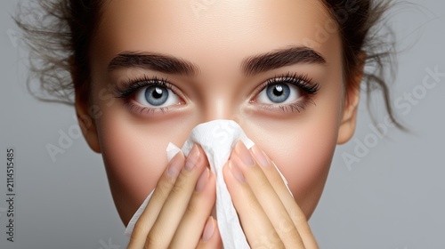 Woman with allergy symptoms using tissue close-up portrait