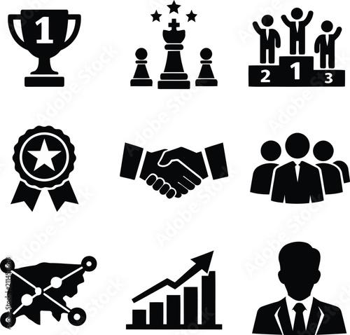 Black vector graphic icon set displaying various business concepts including leadership success teamwork achievement handshake growth strategy and corporate management