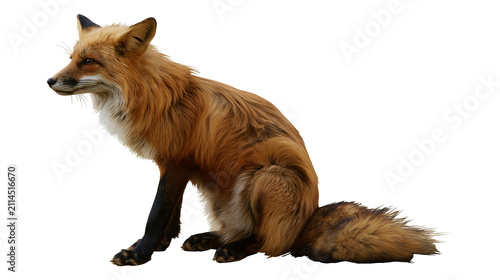 Foto Red fox sitting with bushy tail and dark legs