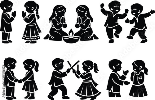 Black and white vector illustration set featuring Indian children celebrating traditional diwali festival with dance music worship and joyous activities