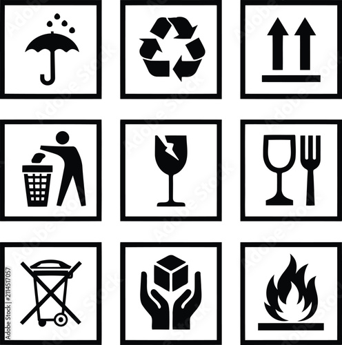Essential shipping symbols collection featuring bold black vector icons for cargo packaging and logistics labels in clean minimalist artistic style