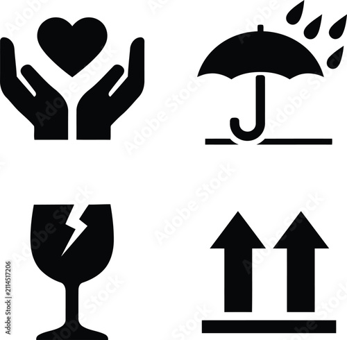 Minimalist vector graphic set featuring four essential shipping and logistics package handling symbols presented in bold solid black ink style