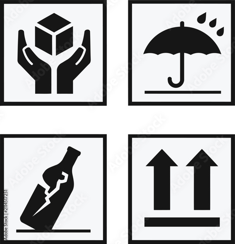 Standard black shipping icons depicting fragile cargo handling instructions presented as a minimalist vector graphic set for global logistics packaging