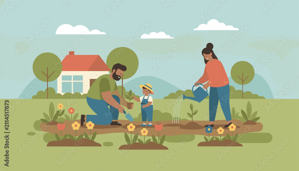 Naklejka premium Happy young family including mother father and toddler child plant flowers and water the soil in their garden backyard.