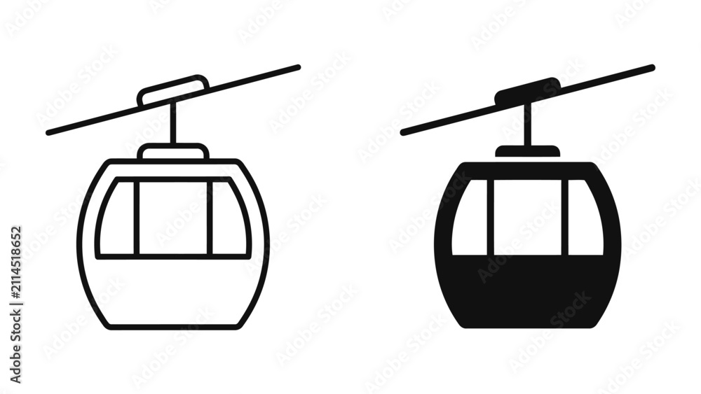 Fototapeta premium Cable Car Icons: Two stylized cable car icons, one outlined in black and white and the other in solid black, suspended from an overhead cable, ready for transport.