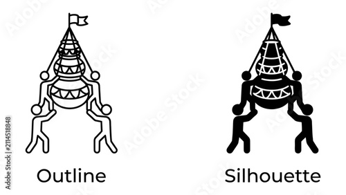 Obraz na plátně Cultural Celebration Icons: Two stylized icons, one an outline and the other a silhouette, depict a traditional pot adorned with decorative patterns and a flag, held aloft by stick figures