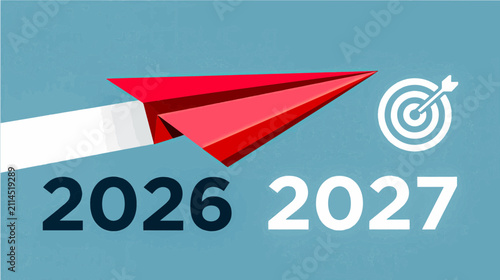Red paper plane soaring towards a bright future, illustrated vision for growth and innovation from 2026 to 2027
