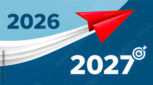 Red paper plane soaring towards a bright future, illustrated vision for growth and innovation from 2026 to 2027