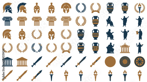 Collection of sixty ancient Greek and Roman vector icons featuring Spartan helmets, Ionic columns, laurel wreaths, amphora vases, philosophers, temples, gladius swords, and olympic torches.