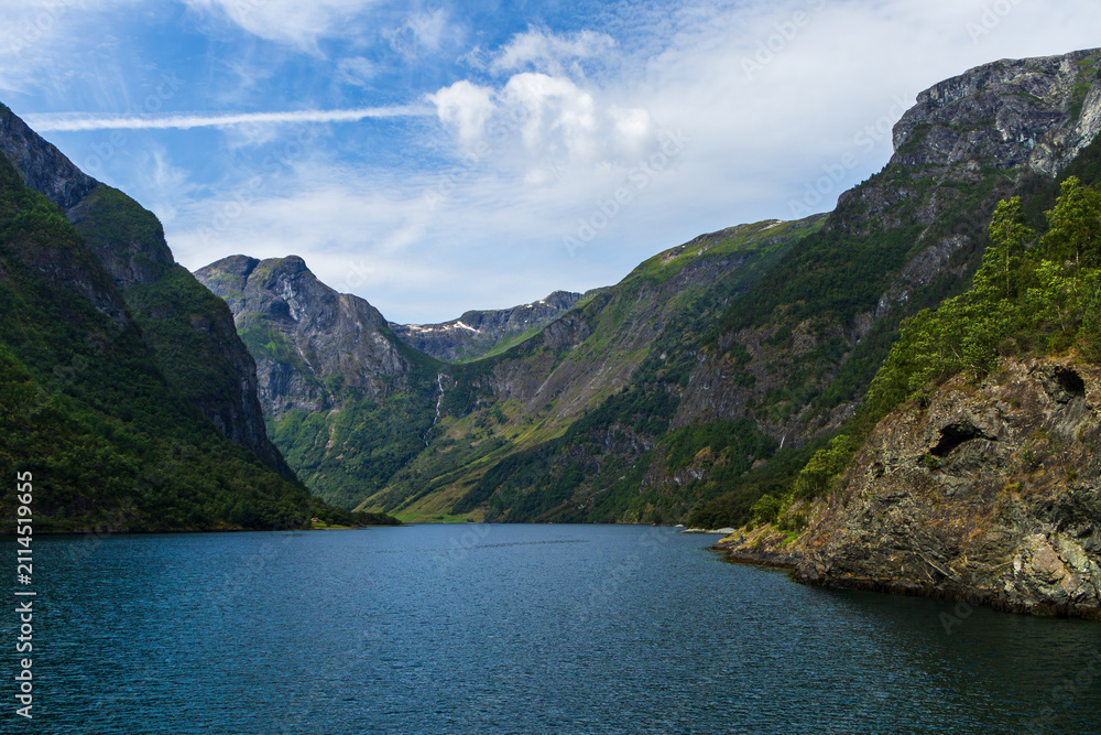 Fototapeta premium Sailing into Nærøyfjord, UNESCO World Heritage Site, Norway