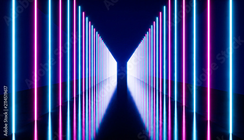 Fotografía Futuristic neon tunnel with glowing blue and pink lights receding into darkness abstract background