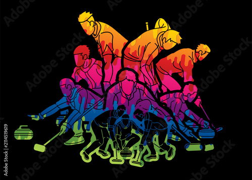 Graffiti Curling Sport Team Group of Male Players Action Cartoon Graphic Vector