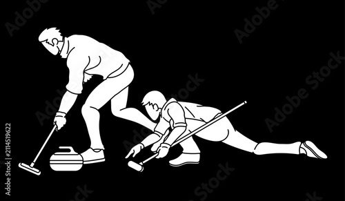 Silhouette Curling Sport Team Group of Male Players Action Cartoon Graphic Vector