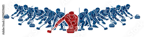 Curling Sport Team Group of Male Players Action Cartoon Graphic Vector