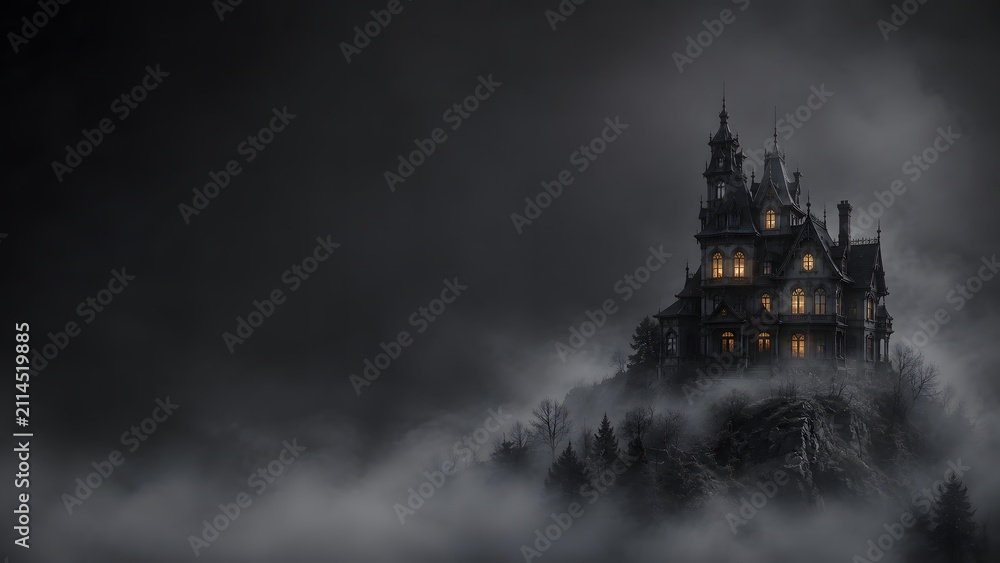 Fototapeta premium Spooky haunted mansion silhouette in a dark foggy night perfect for a dramatic and eerie halloween background design