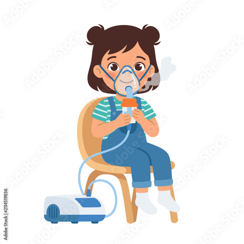 Child with nebulizer mask sitting on chair and using device  