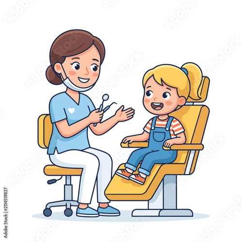 Dental hygienist with child smiling in dental office during check-up  