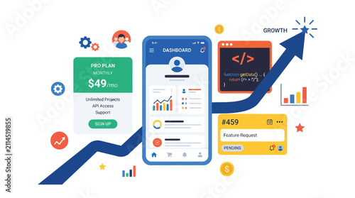 Mobile application dashboard vector illustration showing financial growth with charts and analytical icons displayed on a clean white background area