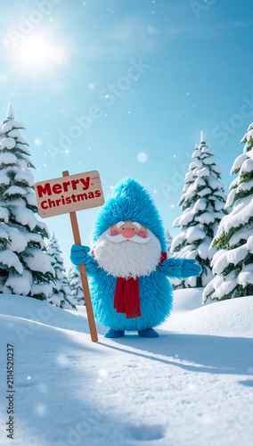 A cheerful cartoon Santa Claus holding a sign with the text Merry Christmas in the forest in winter