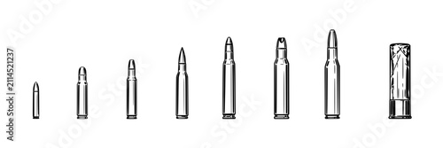Bullets and Shell Casings Arranged in a Row Featuring Bullet, Casing, Ammunition with Firearm and Weapon Elements for Metal