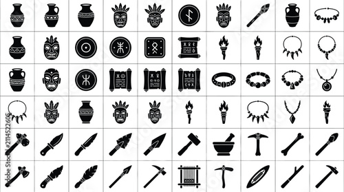 Bild auf Leinwand Grid of 60 black tribal icons including primitive pottery, masks, stone tools, spears, axes, necklaces, and ancient scrolls