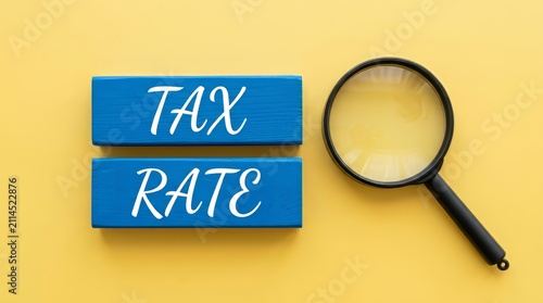 Magnifying glass placed next to blue wooden blocks displaying the phrase tax rate highlights the focus on fiscal audits.