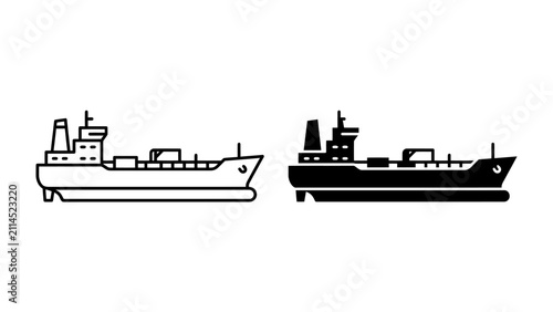 Obraz na plátně Ship icons: A pair of stylized ship icons, one in outline and the other in solid black, depict a cargo ship or tanker ready for sea transport