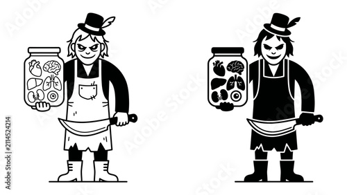Foto Creepy Butcher with Pickled Goods: A stylized illustration of a sinister butcher character holding a jar of preserved food and a cleaver, presented in both black and white