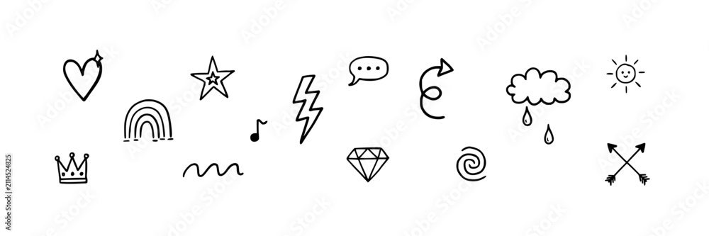 Fototapeta premium Icons Featuring Heart, Crown, Rainbow, Music Note, Lightning, Speech Bubble, Recycling, Cloud, Sun, Diamond, Spiral, and Arrows