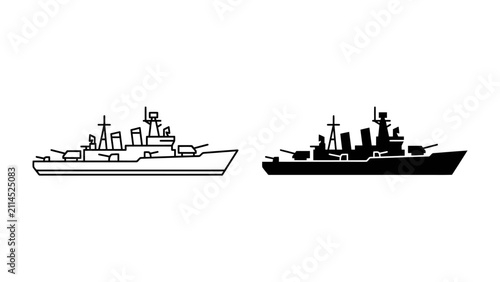 Quadro su tela Warship Silhouette: A detailed line drawing and a solid silhouette of a warship, showcasing its robust structure and military might