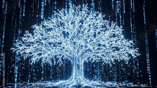 Symbolic digital tree of life glowing with blue binary code against a dark background representing technology and knowledge