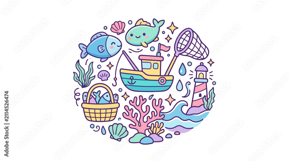 Naklejka premium Kawaii sustainable fishing and marine life illustration.