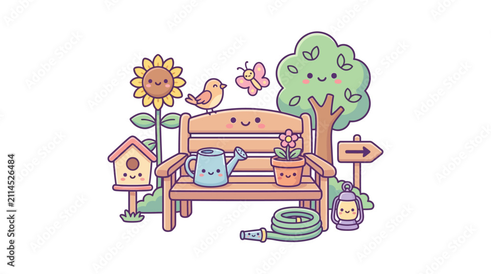 Naklejka premium Peaceful garden scene with bench and sunflowers.