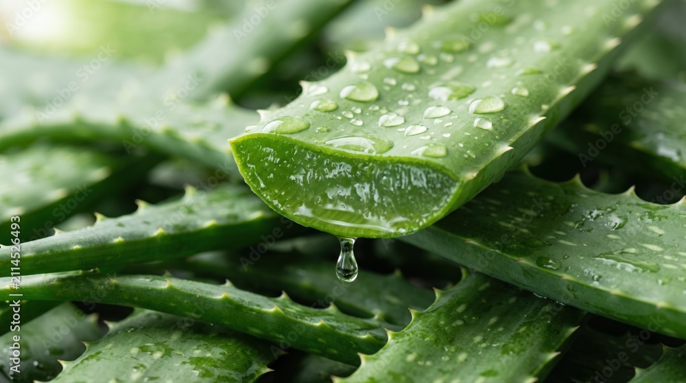 Fototapeta premium Fresh aloe vera leaves are depicted with clear water droplets and a dripping gel. Ideal for showcasing natural skincare, wellness, and sustainable beauty product promotions.