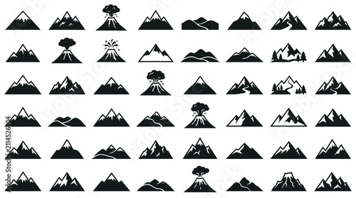 Obraz na płótnie Set of mountain and volcano icons including snow peaks, mountain ranges, erupting volcanoes, rolling hills, and landscape silhouettes in a minimalist flat black vector graphic style