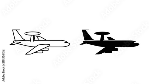 Foto AWACS Aircraft Icon: A clear silhouette and outline icon of an airborne warning and control system (AWACS) aircraft, symbolizing surveillance and command