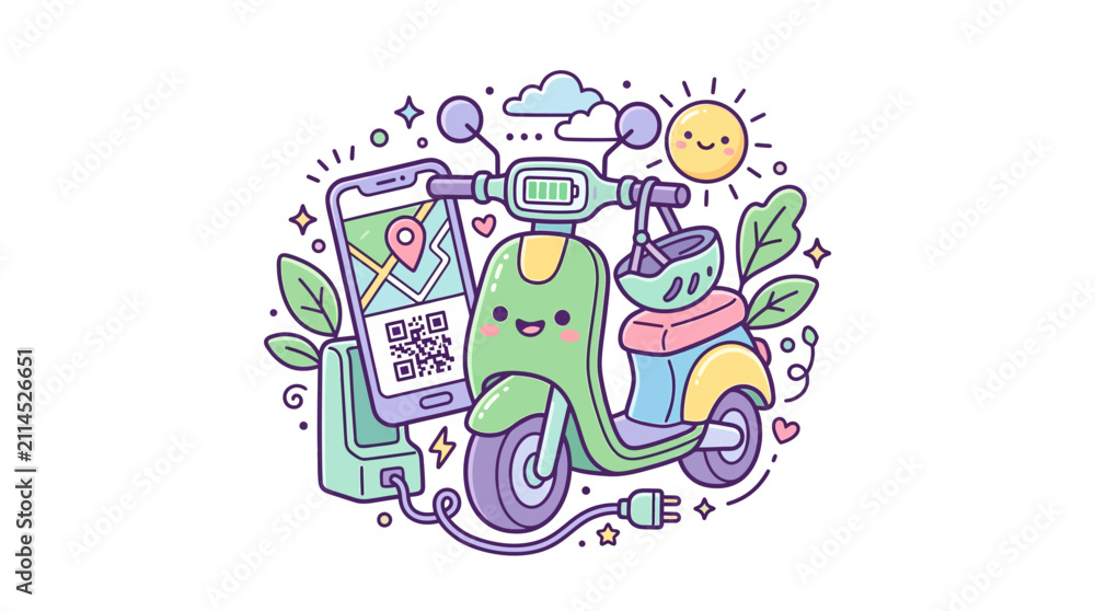 Fototapeta premium Cute electric moped with navigation mobile app.
