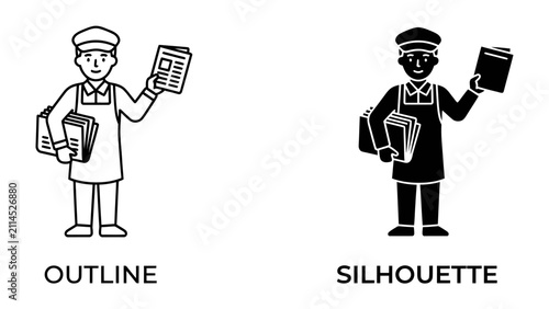 Konstfotografi Delivery Person Icon: A graphic illustration presents a delivery person in two styles: an outline and a silhouette, both holding packages and a document, ready for service