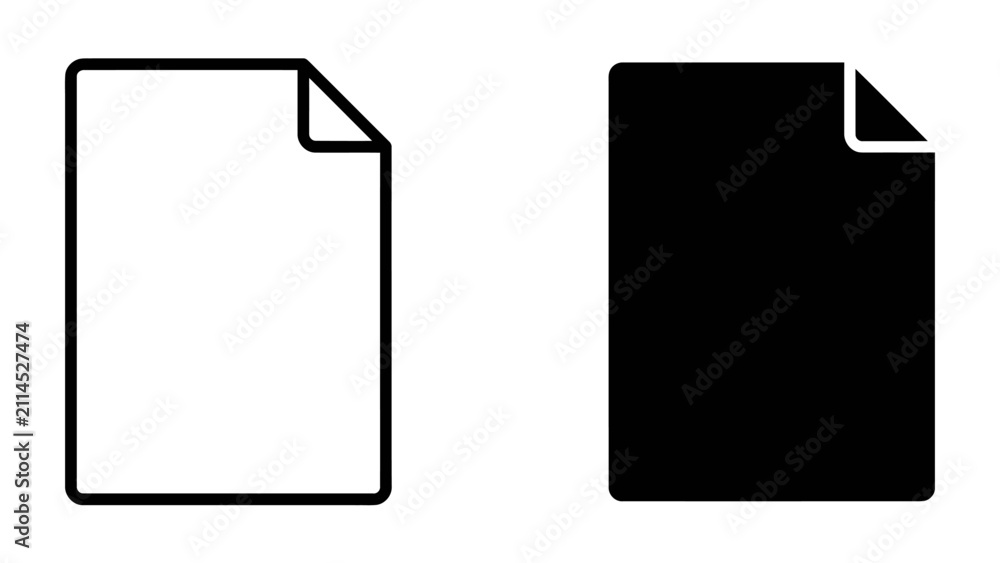 Fototapeta premium Document Icon Pair: A simple, clean icon representing a document, shown in both outline and solid black versions, symbolizing information, data, or a file.