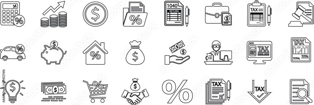Fototapeta premium Tax Finance Accounting Icons Set Collection Group Flat and Outline Vector Symbols for Tax Return Calculator Accounting Invoice Business Banking Payment Financial Documents Isolated