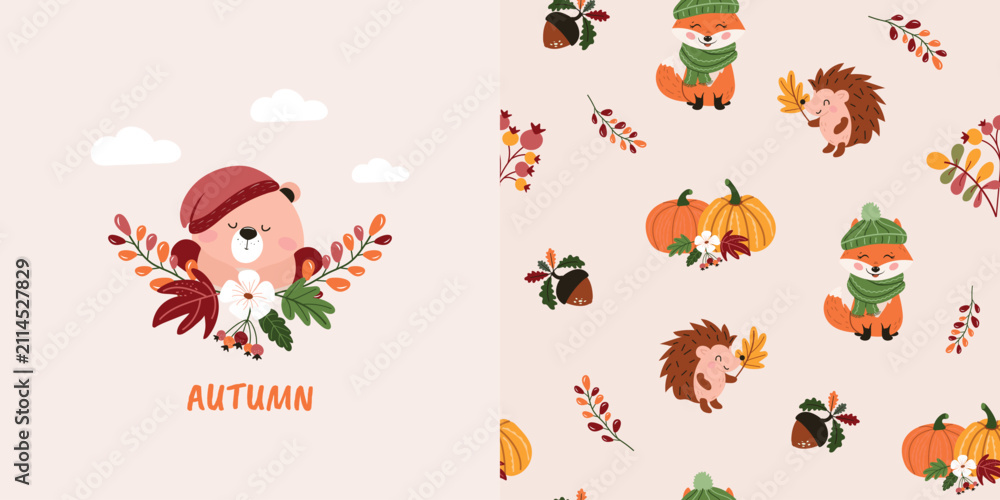 Naklejka premium Children's autumn seamless pattern with a funny bear, hedgehog, fox, and autumn elements. Vector design for children's bedding, fabrics, wallpapers, wrapping paper, and more.