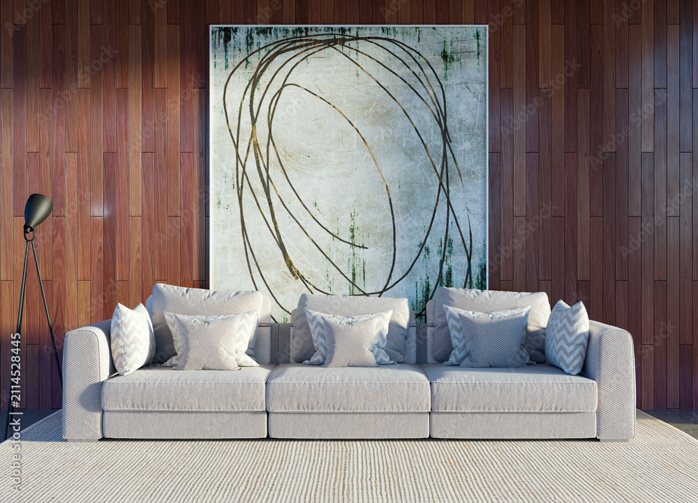Fototapeta premium 3D render, illustration Large Luxury modern living room interior, brutalist architecture realistic lighting, Graphic Overlay wide angle, contemporary furniture, clean lines, minimalist decor, elegan