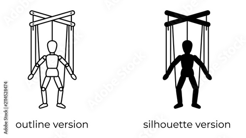 Fotografie Puppet Control: Two distinct representations of a puppet on a string, one outlined and the other a solid silhouette, illustrate the concept of control and manipulation